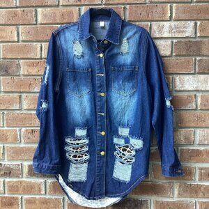 Leopard Button Up Patch Long Sleeve  Denim Jacket ( Size:  Fit XL-XXL)